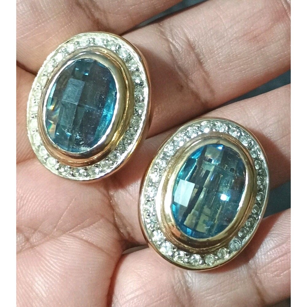 Mid Century Blue Faceted Glass Clear Rhinestone Halo Gold Tone Clip On Earrings